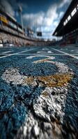 Vibrant racetrack detail highlighting pavement markings at a lively motorsport event held in an expansive stadium during the afternoon photo