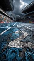 Running track highlighted by stormy skies at a stadium during a competitive event in the afternoon photo