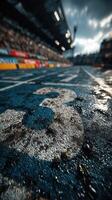 Exciting racing moment captured at the finish line with a focus on the track number in a vibrant atmosphere photo