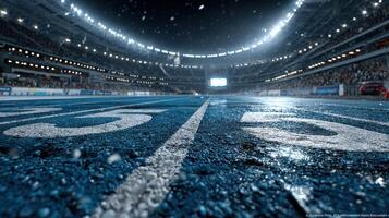 Athletes prepare for the upcoming race on the track marked with bright blue lines in a modern stadium during a rainy evening event photo