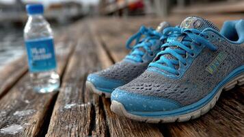 Running shoes resting on a wooden dock beside a water bottle after an early morning jog by the lake photo