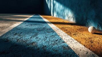 Court with vibrant markings and a single ball resting in the corner during late afternoon light photo
