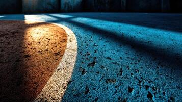 Old basketball court with sunlight casting shadows in an urban setting during the golden hour photo