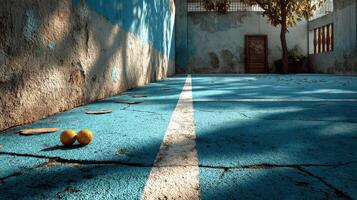 Colorful blue court with two yellow tennis balls resting on the ground in an abandoned outdoor area photo