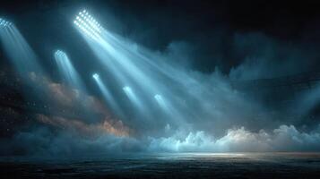 Bright lights illuminate a dark arena filled with fog and mystery during an anticipated event photo