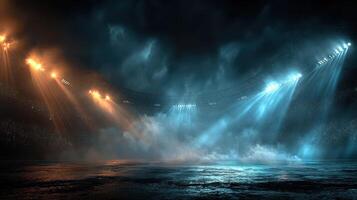 Dramatic lighting fills the empty stadium just before the night event begins with excitement and anticipation photo