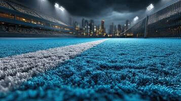 City skyline at night with a blue tennis court and bright stadium lights illuminating the area photo