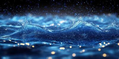 Waves crashing with droplets under shimmering light at night in an aquatic setting photo
