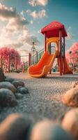 Bright yellow slide at a playground surrounded by blooming trees during a sunny afternoon photo