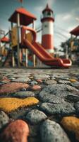 Colorful playground at the base of a lighthouse during a sunny day with a clear blue sky photo