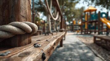 Wooden playground equipment surrounded by greenery during a sunny day in a vibrant outdoor play area photo