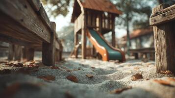 Colorful playground equipment in a serene park setting with a sandy ground and fallen leaves during autumn photo