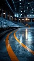 Empty indoor sports arena with reflective floor and seating before the event starts in the evening photo
