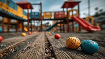 Colorful eggs scattered on wooden ground at a playground during an afternoon gathering in early spring photo