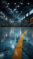 Basketball court with wet surface reflecting lights in a large indoor arena during a quiet moment before the game photo