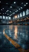 Indoor sports arena with glowing lights and polished floor during an evening event photo