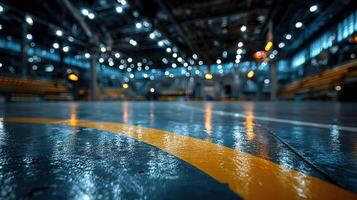 Bright industrial warehouse floor with reflections in the evening light photo