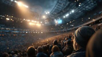 Cheering crowd during an evening sporting event at a packed arena with dramatic lighting and energetic atmosphere photo