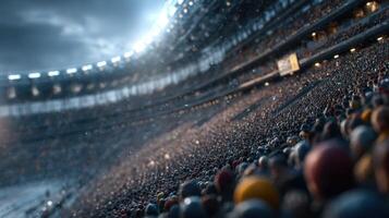 Spectators gather at a sports stadium during an evening event under bright lights and dramatic skies photo