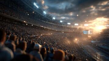 Excitement fills the stadium as fans cheer during a thrilling race event at sunset photo