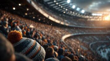 Crowd watches intense sports match at stadium during sunset with snowflakes in the air and excitement evident in the atmosphere photo