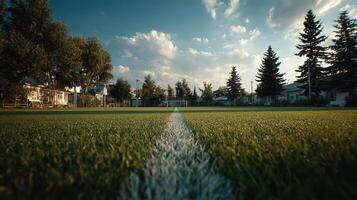 Sunset over a soccer field with clear skies and lush green grass in a residential area photo