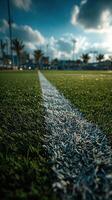Sports field with artificial grass and clear blue sky during day near urban area with palm trees photo