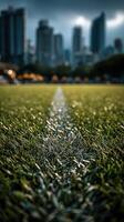 Focus on a vibrant sports field lined with a bright white mark against a city skyline during afternoon light photo