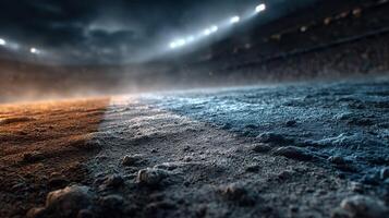 Stadium ground at dusk with dramatic lighting sets the stage for an intense sporting event photo