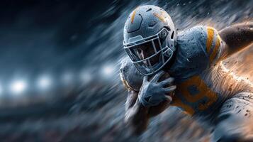 Dynamic football player sprinting on a rain-soaked field during a night game photo