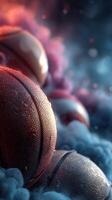 Bouncing basketballs surrounded by vibrant smoke in a dynamic sports setting at dusk photo