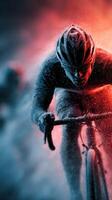 Cyclist races through stormy weather showcasing determination and speed during an intense competition photo