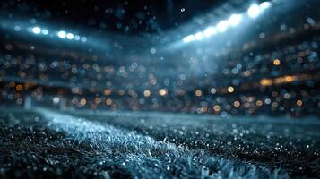 Nighttime soccer match under stadium lights with rain and blurry crowd in the background photo