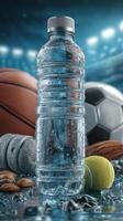 Sports gear and water bottle showcase hydration essentials for athletes during practice at a training facility photo