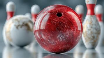 Bowling ball rolls towards pins in an indoor bowling alley during a friendly game at night photo