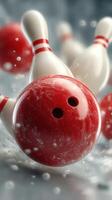Bowling ball striking pins with motion blur in a vibrant bowling alley setting photo