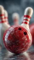 Bowling ball rolls toward pins in a vibrant bowling alley during a competitive game photo