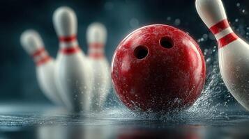 Bowling ball strikes pins in a well-lit alley during a competitive game at night photo