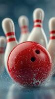 Red bowling ball rolls towards pins in a vibrant bowling alley setting during a lively game photo