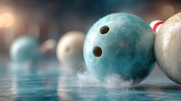 Bowling balls rolling towards pins in a sleek and modern bowling alley during an evening match photo