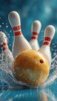 Striking a perfect game as the bowling ball splashes through the pins in a vibrant setting photo