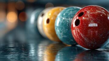 Colorful bowling balls lined up on a polished alley with blurred background in an indoor bowling center photo