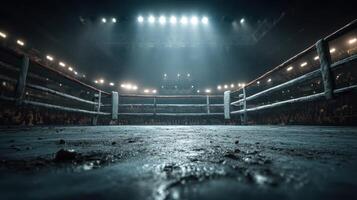 Boxing ring illuminated by bright arena lights during a lively fight night event in an indoor stadium photo