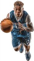 Basketball player in blue jersey dribbling ball during a game indoor in the evening photo
