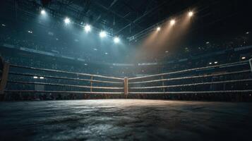 Dramatic boxing ring illuminated by spotlights in a crowded arena during an intense match night photo