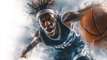 Basketball player performing a dynamic move with water splashing during a game in an indoor arena photo
