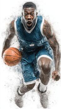 Basketball player in mid-air slam dunk during an intense game at a local arena photo