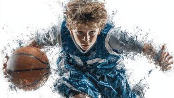 Young basketball player dribbling fast in dynamic pose with water splashes in a vibrant background photo