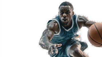 Basketball player making a dynamic drive towards the basket during an intense game showcasing skills and athleticism photo