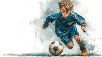 Young boy dribbles soccer ball on field in dynamic action during a sunny afternoon game photo